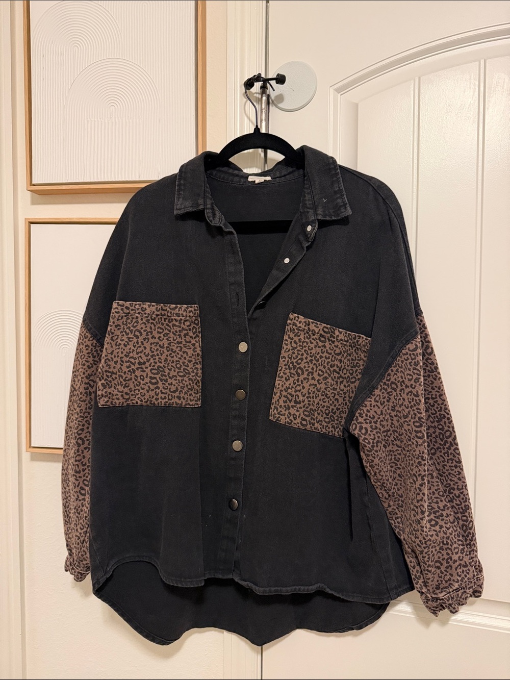 Woven Black Jacket with Leopard Print Accents